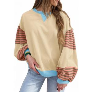 Fisoew Womens Color Block Oversized Sweatshirt Casual Lantern Long Sleeve Crewneck Striped Pullover Tops Fall Outfits(Beige)