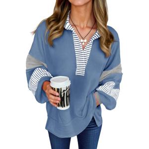 Fisoew Womens Color Block Oversized Sweatshirt Polo V Neck Long Sleeve Shirts Casual Loose Pullover Tops(Blue)