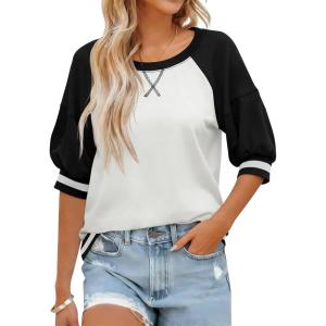 Fisoew Womens Crewneck Sweatshirt Ribbed Raglan Half Sleeve Pullover Tops Color Block Loose Fit Sweatshirts(Black)