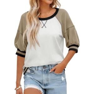 Fisoew Womens Crewneck Sweatshirt Ribbed Raglan Half Sleeve Pullover Tops Color Block Loose Fit Sweatshirts(Khaki)