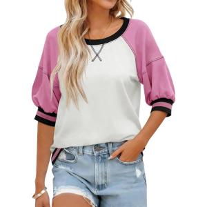 Fisoew Womens Crewneck Sweatshirt Ribbed Raglan Half Sleeve Pullover Tops Color Block Loose Fit Sweatshirts(Pink)