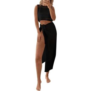 Fisoew Womens Crochet Swim Cover Ups 2 Piece Sleeveless Crop Tops Beach Wrap Skirt Hollow Out Boho Coverup Set(Black)