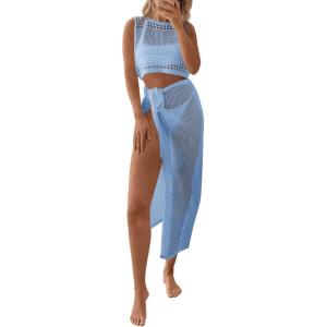 Fisoew Womens Crochet Swim Cover Ups 2 Piece Sleeveless Crop Tops Beach Wrap Skirt Hollow Out Boho Coverup Set(Light Blue)