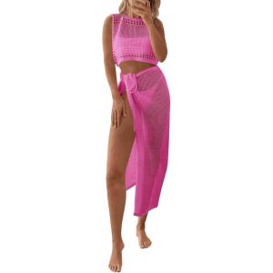 Fisoew Womens Crochet Swim Cover Ups 2 Piece Sleeveless Crop Tops Beach Wrap Skirt Hollow Out Boho Coverup Set(Pink)