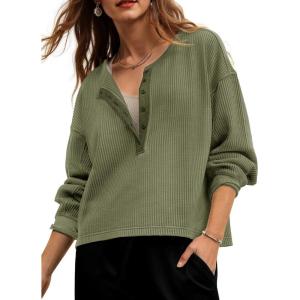 Fisoew Womens Cropped Sweatshirt Casual Waffle Knit Button V Neck Long Sleeve Loose Fit Fall Crop Tops(Army Green)