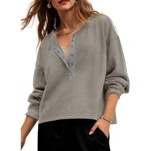 Fisoew Womens Cropped Sweatshirt Casual Waffle Knit Button V Neck Long Sleeve Loose Fit Fall Crop Tops(Light Grey)