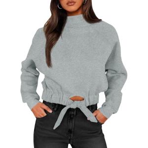 Fisoew Women’s Cropped Sweatshirts Casual Turtleneck Fleece Long Sleeve Tie Front Loose Fall Pullover Tops(Grey)