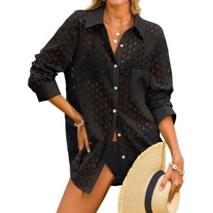 Fisoew Womens Hollow Out Swimsuit Coverup Shirt Button Down Bathing Suit Cover Ups Beachwear(Black)