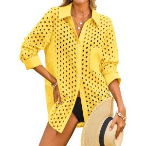 Fisoew Womens Hollow Out Swimsuit Coverup Shirt Button Down Bathing Suit Cover Ups Beachwear(Yellow)