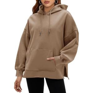 Fisoew Women’s Hoodies Oversized Sweatshirts Casual Long Sleeve Side Slit Pullover Tops Fall Winter Outfits with Pocket(Khaki)