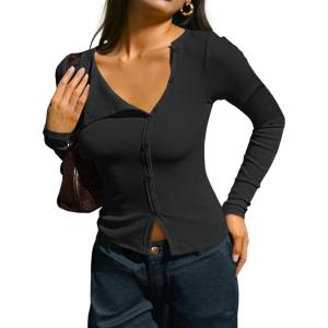 Fisoew Womens Long Sleeve Crop Tops Casual Button Down Shirts Slim Fit Y2k Going Out Ribbed Knit Shirts(Black)