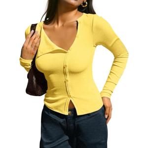 Fisoew Womens Long Sleeve Crop Tops Casual Button Down Shirts Slim Fit Y2k Going Out Ribbed Knit Shirts(Yellow)