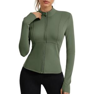 Fisoew Womens Long Sleeve Workout Jackets Zip Up UPF 50+ Lightweight Athletic Hiking Outdoor Shirts Tops(Army Green)