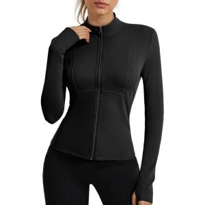 Fisoew Womens Long Sleeve Workout Jackets Zip Up UPF 50+ Lightweight Athletic Hiking Outdoor Shirts Tops(Black)