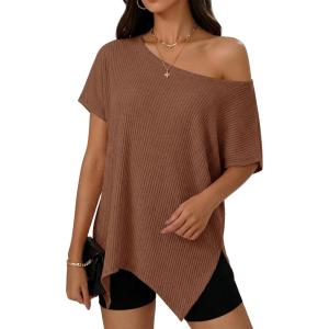 Fisoew Womens Off The Shoulder Tops Summer Oversized Short Sleeve Casual Side Split Ribbed Knit Sweater Loose Tunic Top(Brown)