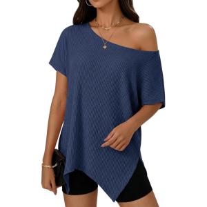 Fisoew Womens Off The Shoulder Tops Summer Oversized Short Sleeve Casual Side Split Ribbed Knit Sweater Loose Tunic Top(Navy)