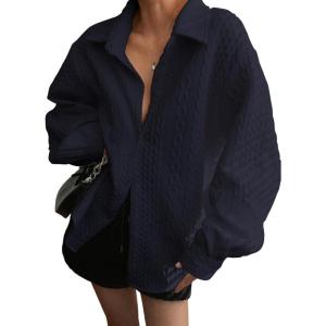Fisoew Womens Oversized Button Down Shirts Textured Collared Long Sleeve Shacket Casual Fall Blouses Tops(Navy)