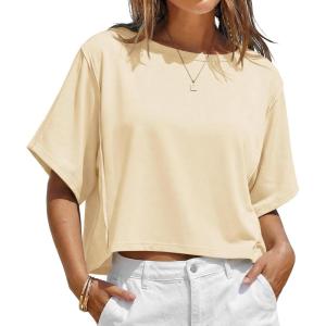 Fisoew Womens Oversized Crop Tops Summer Short Sleeve Crewneck T Shirts Casual Loose Basic Tee Workout Shirts(Beige)