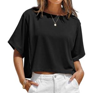 Fisoew Womens Oversized Crop Tops Summer Short Sleeve Crewneck T Shirts Casual Loose Basic Tee Workout Shirts(Black)