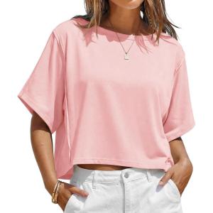 Fisoew Womens Oversized Crop Tops Summer Short Sleeve Crewneck T Shirts Casual Loose Basic Tee Workout Shirts(Pink)