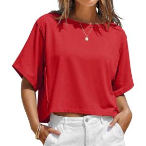 Fisoew Womens Oversized Crop Tops Summer Short Sleeve Crewneck T Shirts Casual Loose Basic Tee Workout Shirts(Red)