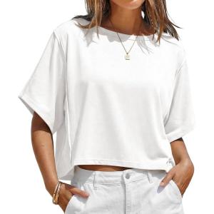 Fisoew Womens Oversized Crop Tops Summer Short Sleeve Crewneck T Shirts Casual Loose Basic Tee Workout Shirts(White)