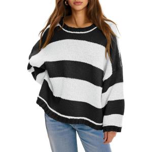 Fisoew Womens Oversized Sweaters Casual Long Sleeve Striped Color Block Crewneck Knitted Loose Fall Pullover Tops(Black&white)