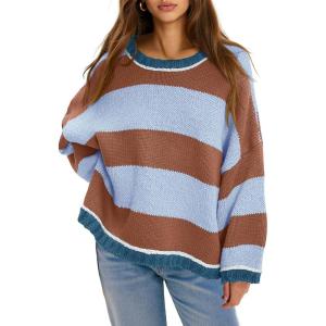 Fisoew Womens Oversized Sweaters Casual Long Sleeve Striped Color Block Crewneck Knitted Loose Fall Pullover Tops(Blue)