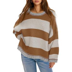 Fisoew Womens Oversized Sweaters Casual Long Sleeve Striped Color Block Crewneck Knitted Loose Fall Pullover Tops(Brown)