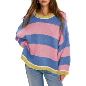 Fisoew Womens Oversized Sweaters Casual Long Sleeve Striped Color Block Crewneck Knitted Loose Fall Pullover Tops(Pink)