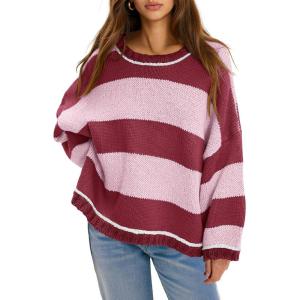 Fisoew Womens Oversized Sweaters Casual Long Sleeve Striped Color Block Crewneck Knitted Loose Fall Pullover Tops(Rose Red)