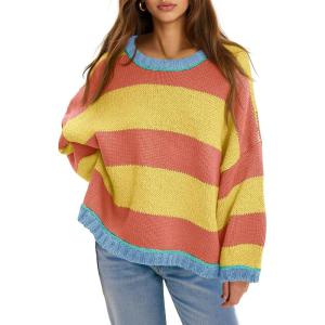 Fisoew Womens Oversized Sweaters Casual Long Sleeve Striped Color Block Crewneck Knitted Loose Fall Pullover Tops(Yellow)