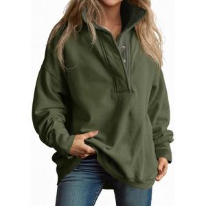 Fisoew Womens Oversized Sweatshirt Casual Snap Stand Collar Long Sleeve Pullover Tops Fall Travel Outfits(Army Green)