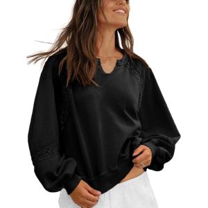 Fisoew Womens Oversized Sweatshirt Casual V Neck Lace Lantern Long Sleeve Cropped Loose Fit Fall Pullover Tops(Black)