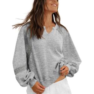 Fisoew Womens Oversized Sweatshirt Casual V Neck Lace Lantern Long Sleeve Cropped Loose Fit Fall Pullover Tops(Grey)