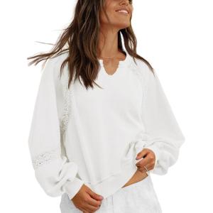 Fisoew Womens Oversized Sweatshirt Casual V Neck Lace Lantern Long Sleeve Cropped Loose Fit Fall Pullover Tops(White)
