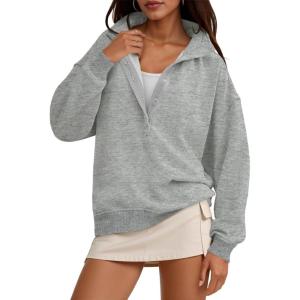 Fisoew Womens Oversized Sweatshirts Casual Long Sleeve Snap Button Henley Neck Loose Fit Fall Pullover Tops Grey