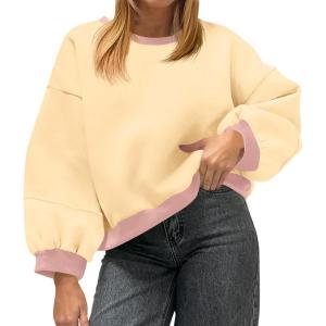 Fisoew Womens Oversized Sweatshirts Crewneck Long Sleeve Pullover 2025 Cute Color Block Casual Fleece Y2k Cropped Tops(Beige)