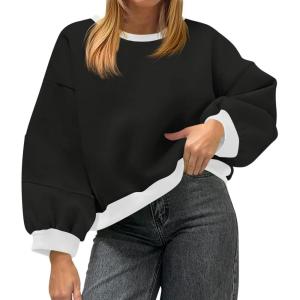 Fisoew Womens Oversized Sweatshirts Crewneck Long Sleeve Pullover 2025 Cute Color Block Casual Fleece Y2k Cropped Tops(Black)