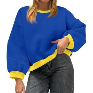 Fisoew Womens Oversized Sweatshirts Crewneck Long Sleeve Pullover 2025 Cute Color Block Casual Fleece Y2k Cropped Tops(Blue)