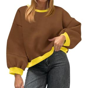 Fisoew Womens Oversized Sweatshirts Crewneck Long Sleeve Pullover 2025 Cute Color Block Casual Fleece Y2k Cropped Tops(Brown)