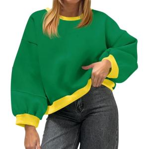Fisoew Womens Oversized Sweatshirts Crewneck Long Sleeve Pullover 2025 Cute Color Block Casual Fleece Y2k Cropped Tops(Green)