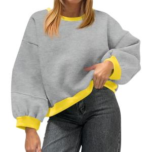 Fisoew Womens Oversized Sweatshirts Crewneck Long Sleeve Pullover 2025 Cute Color Block Casual Fleece Y2k Cropped Tops(Light Grey)