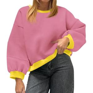 Fisoew Womens Oversized Sweatshirts Crewneck Long Sleeve Pullover 2025 Cute Color Block Casual Fleece Y2k Cropped Tops(Pink)