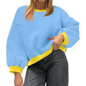 Fisoew Womens Oversized Sweatshirts Crewneck Long Sleeve Pullover 2025 Cute Color Block Casual Fleece Y2k Cropped Tops(Sky Blue)