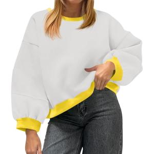 Fisoew Womens Oversized Sweatshirts Crewneck Long Sleeve Pullover 2025 Cute Color Block Casual Fleece Y2k Cropped Tops(White)