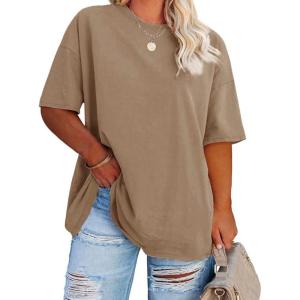 Fisoew Women’s Plus Size T Shirts Oversized Tees Summer Half Sleeve Crew Neck Tunic Tops(Khaki)