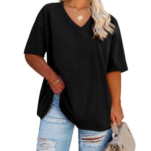 Fisoew Women’s Plus Size V Neck T Shirts Summer Half Sleeve Tees Casual Loose Fit Cotton Tunic Tops(Black)