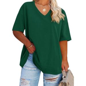 Fisoew Women’s Plus Size V Neck T Shirts Summer Half Sleeve Tees Casual Loose Fit Cotton Tunic Tops(Dark Green)