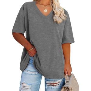 Fisoew Women’s Plus Size V Neck T Shirts Summer Half Sleeve Tees Casual Loose Fit Cotton Tunic Tops(Dark Grey)